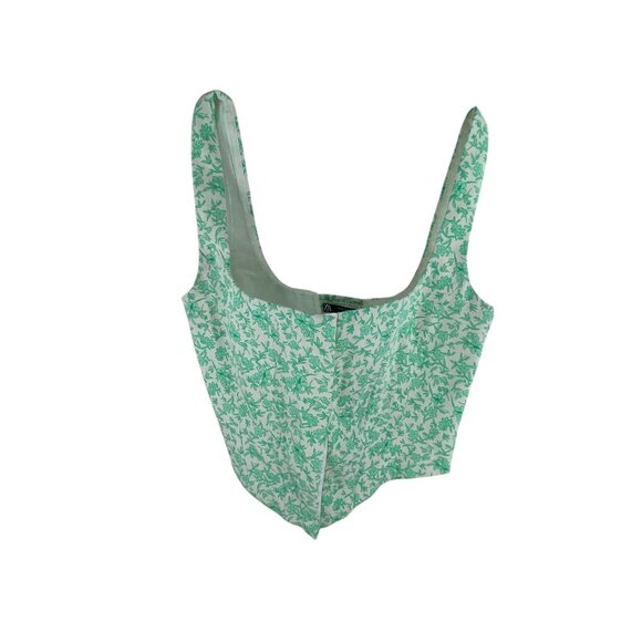 Zara Mint Green Floral Poplin Corset Top Sz M Cotton Blend Smocked Cropped - Picture 2 of 7